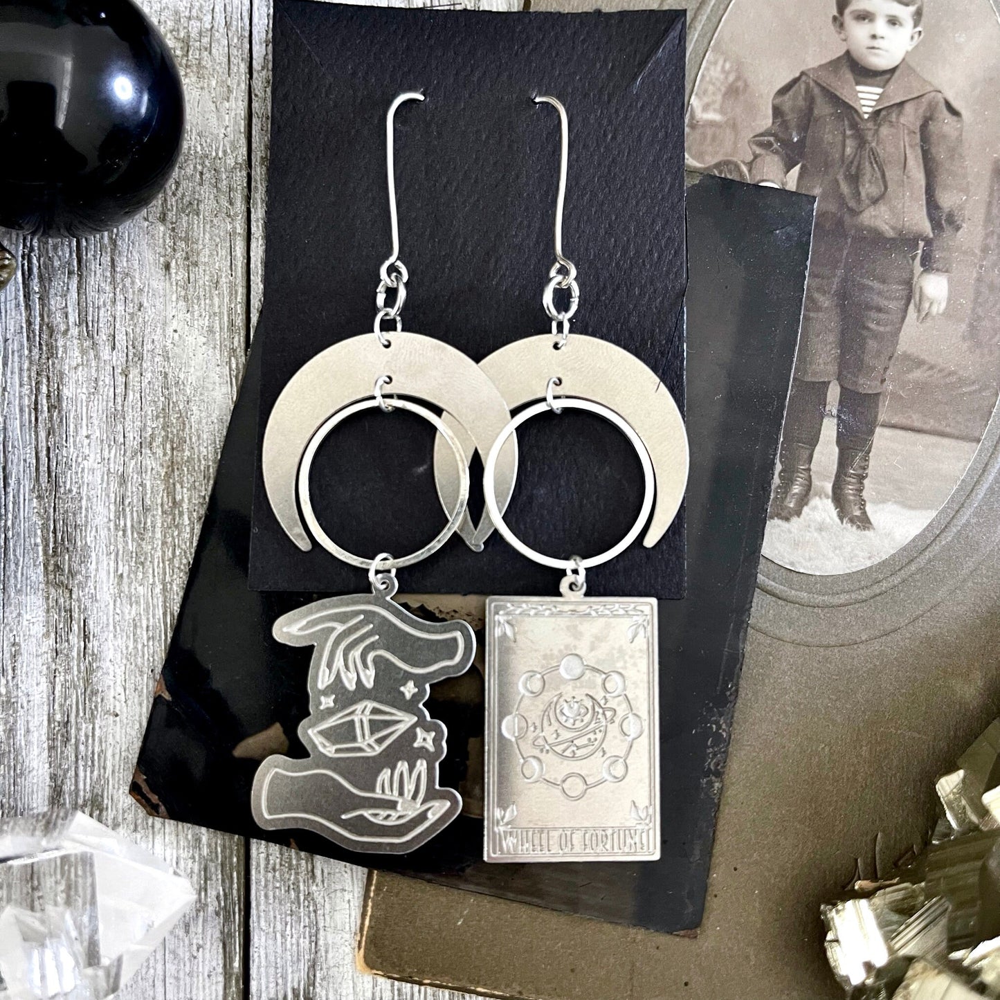 Mismatch Crescent Moon Earrings Witchy Tarot Card Crystal Sterling Silver & Stainless Steel Earrings / Long Dangly Goth Witch Jewelry.