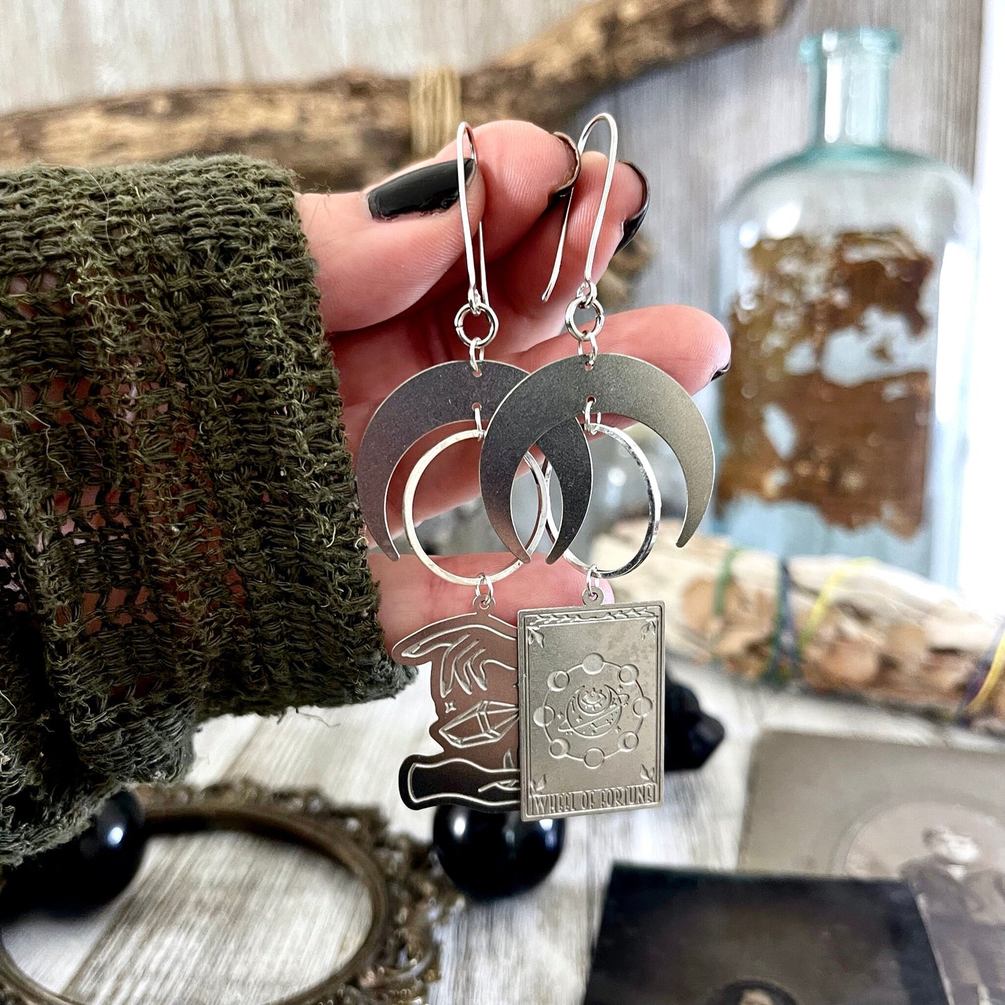 Mismatch Crescent Moon Earrings Witchy Tarot Card Crystal Sterling Silver & Stainless Steel Earrings / Long Dangly Goth Witch Jewelry.