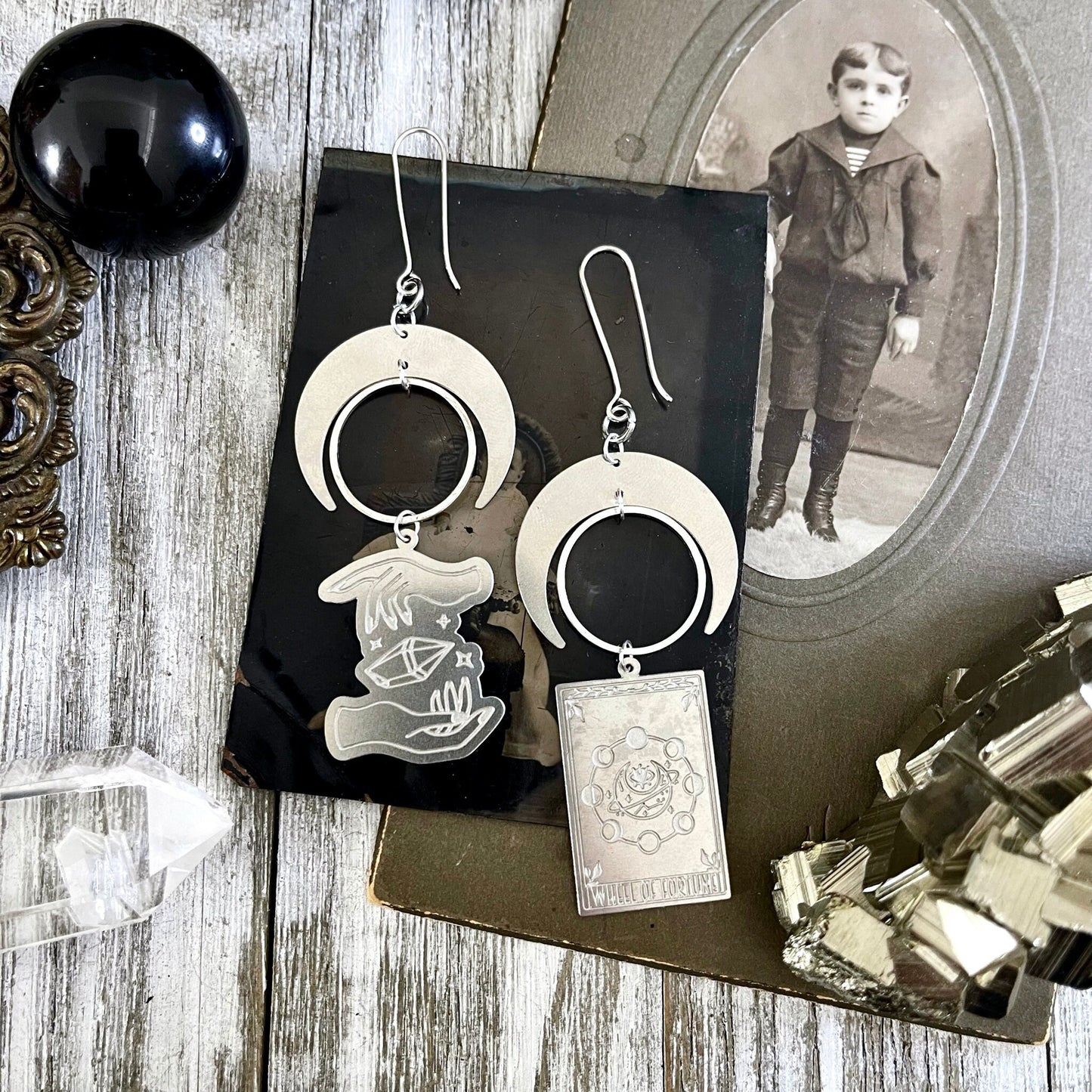 Mismatch Crescent Moon Earrings Witchy Tarot Card Crystal Sterling Silver & Stainless Steel Earrings / Long Dangly Goth Witch Jewelry.