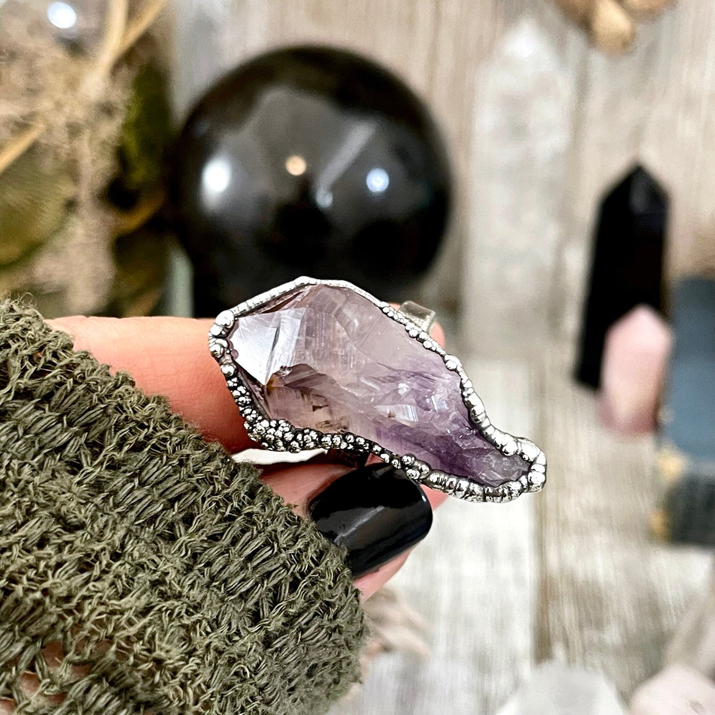 Size 7.5 Big Raw Amethyst Purple Crystal Ring in Fine Silver / Foxlark Collection - One of a Kind.