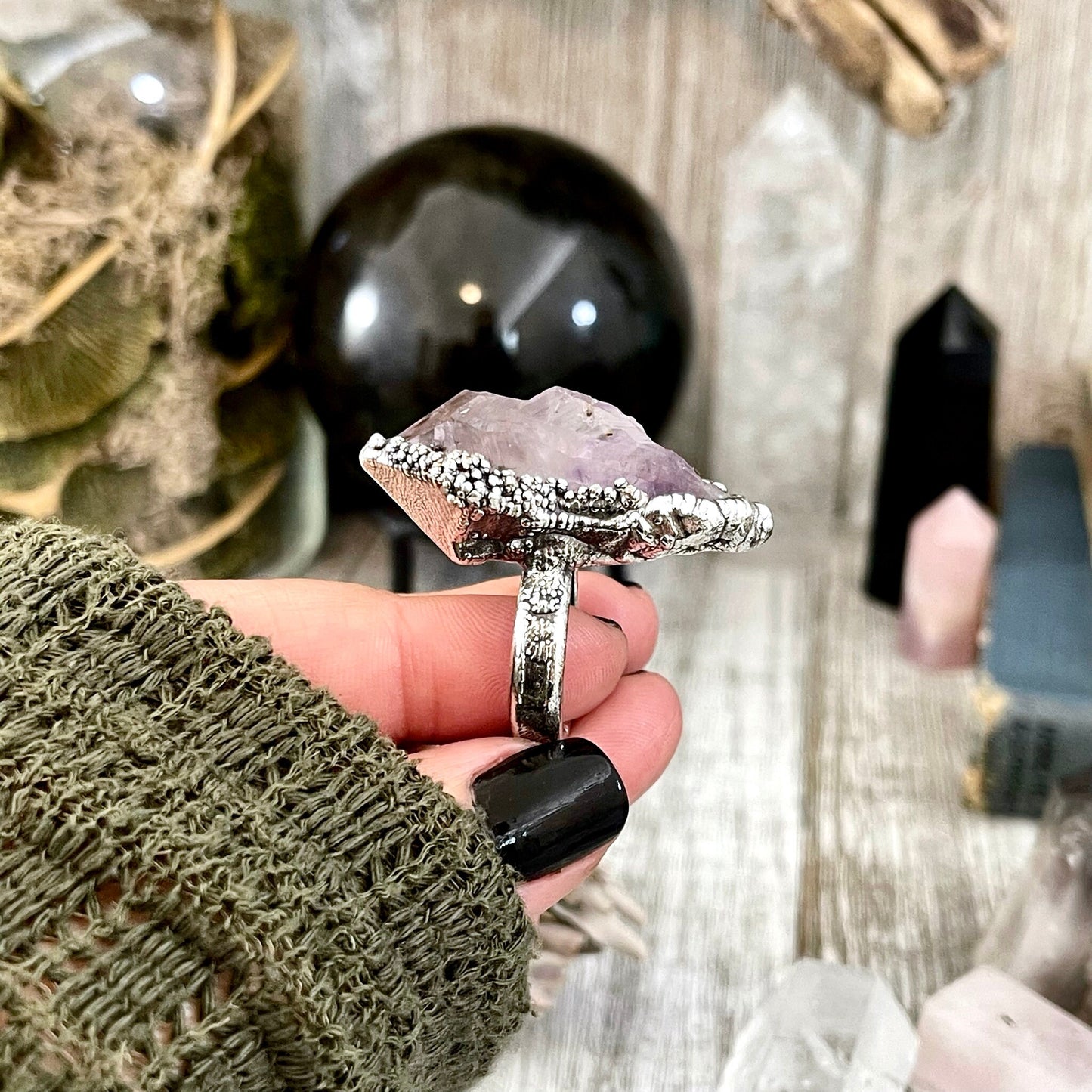 Size 7.5 Big Raw Amethyst Purple Crystal Ring in Fine Silver / Foxlark Collection - One of a Kind.