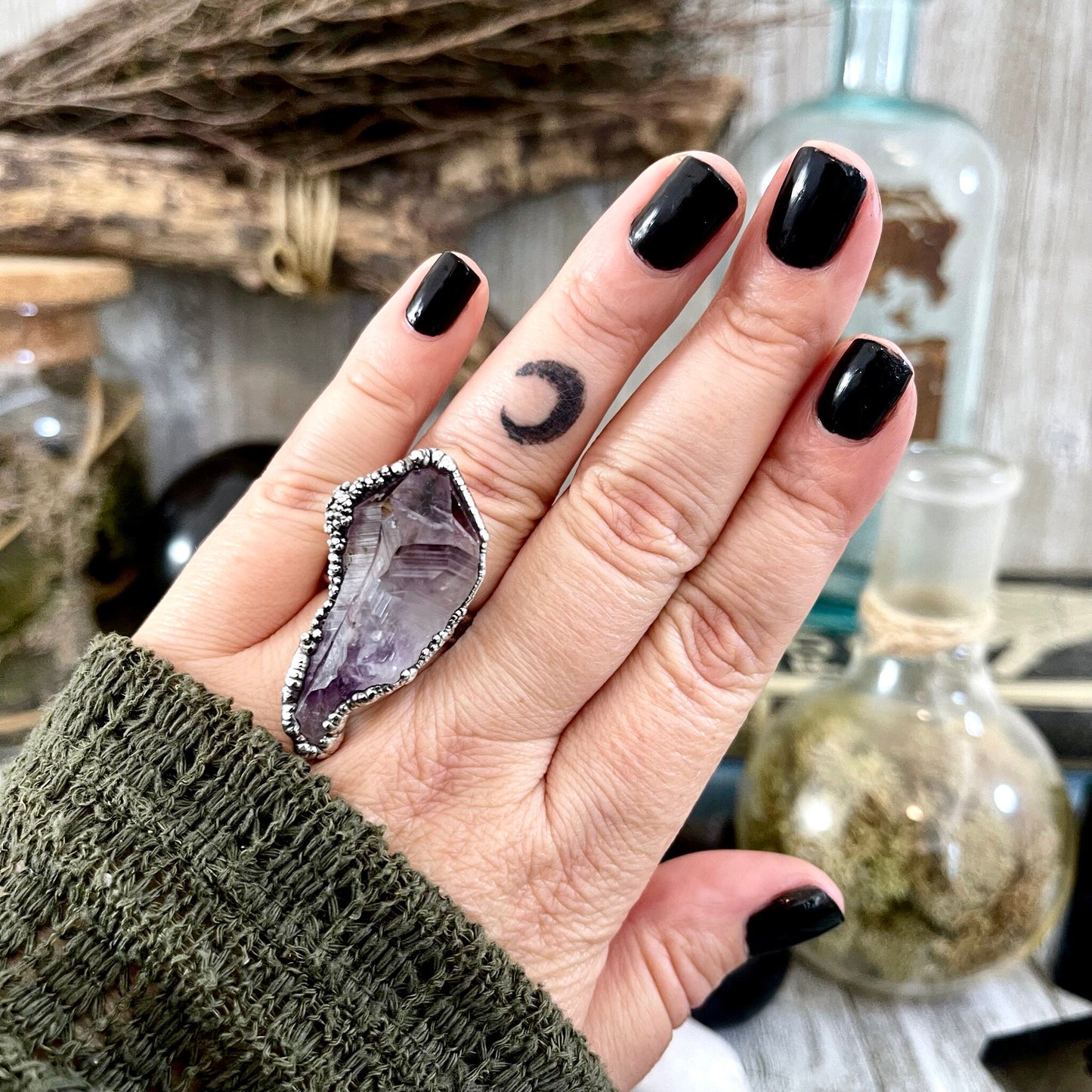 Size 7.5 Big Raw Amethyst Purple Crystal Ring in Fine Silver / Foxlark Collection - One of a Kind.