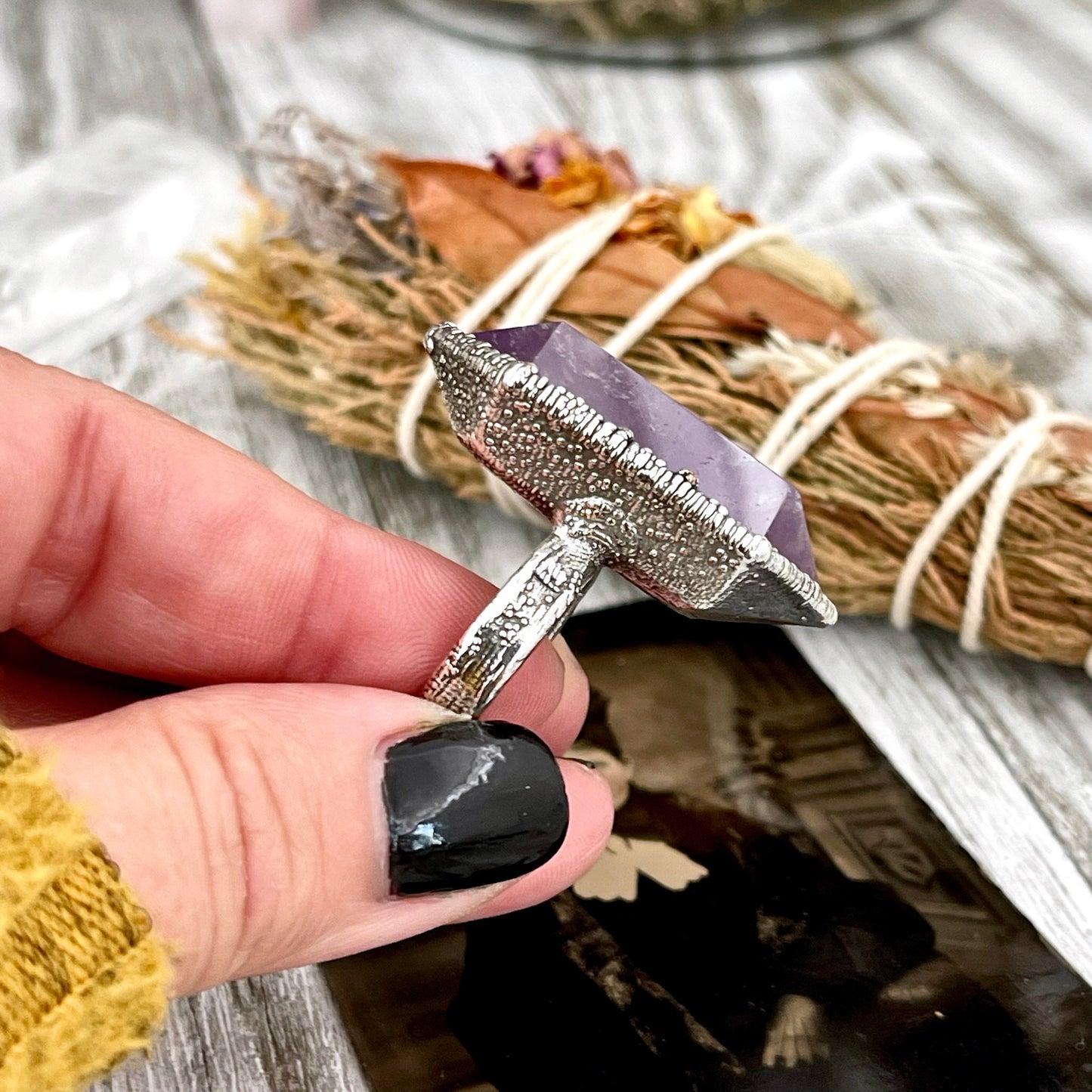 Size 8.5 Amethyst Point Ring Set in Fine Silver / Foxlark Collection - One of a Kind.