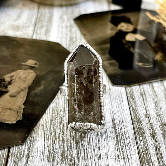 Size 7.5 Raw Smoky Quartz Crystal Cluster Ring Set in Fine Silver / Foxlark Collection - One of a Kind.