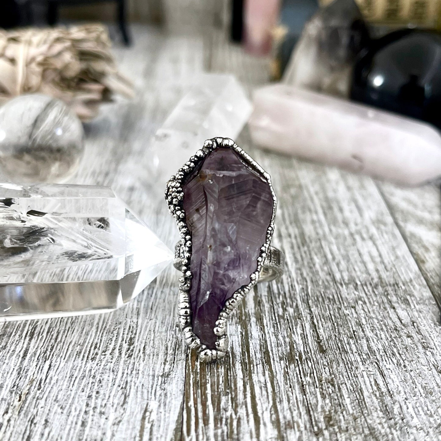 Size 7.5 Big Raw Amethyst Purple Crystal Ring in Fine Silver / Foxlark Collection - One of a Kind.