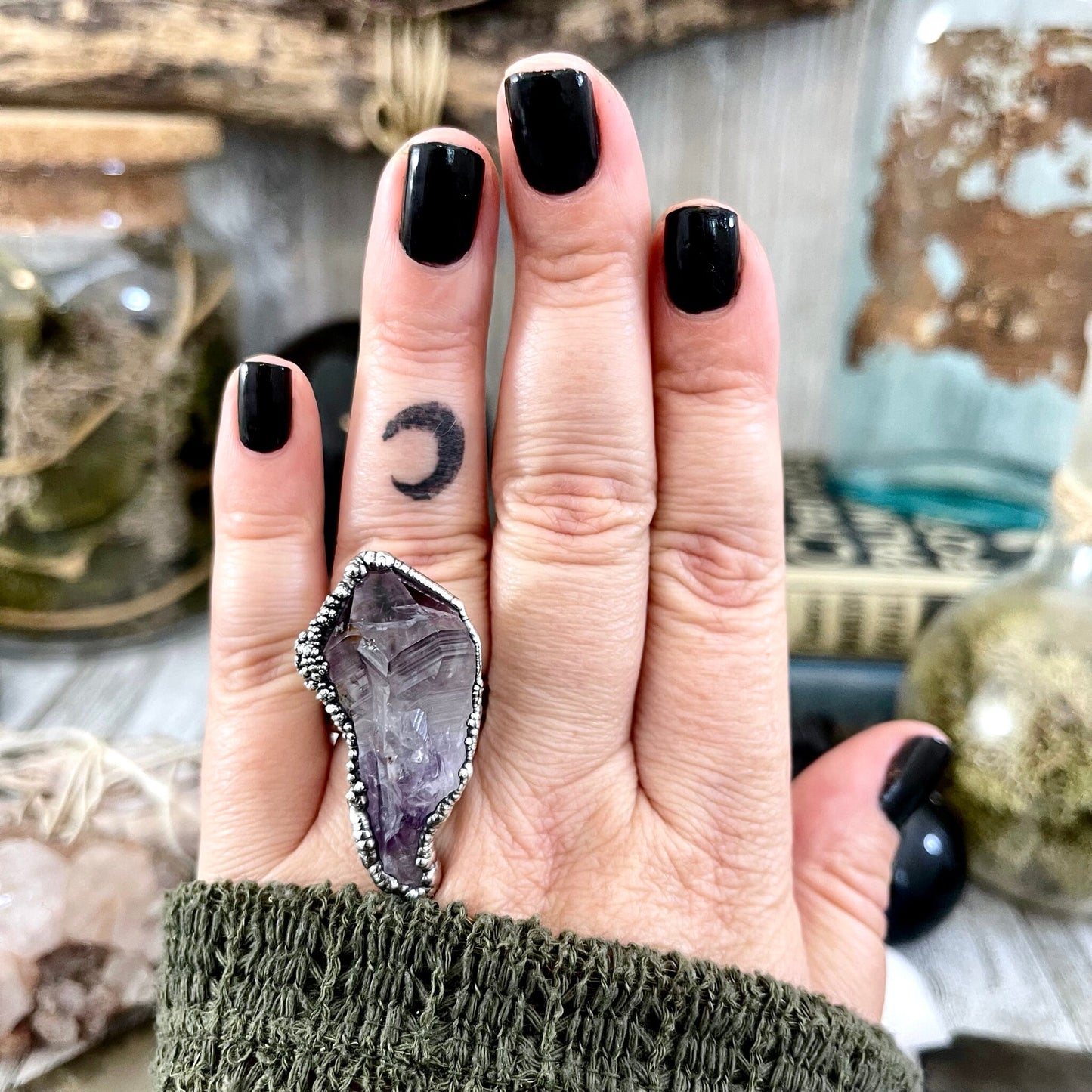 Size 7.5 Big Raw Amethyst Purple Crystal Ring in Fine Silver / Foxlark Collection - One of a Kind.