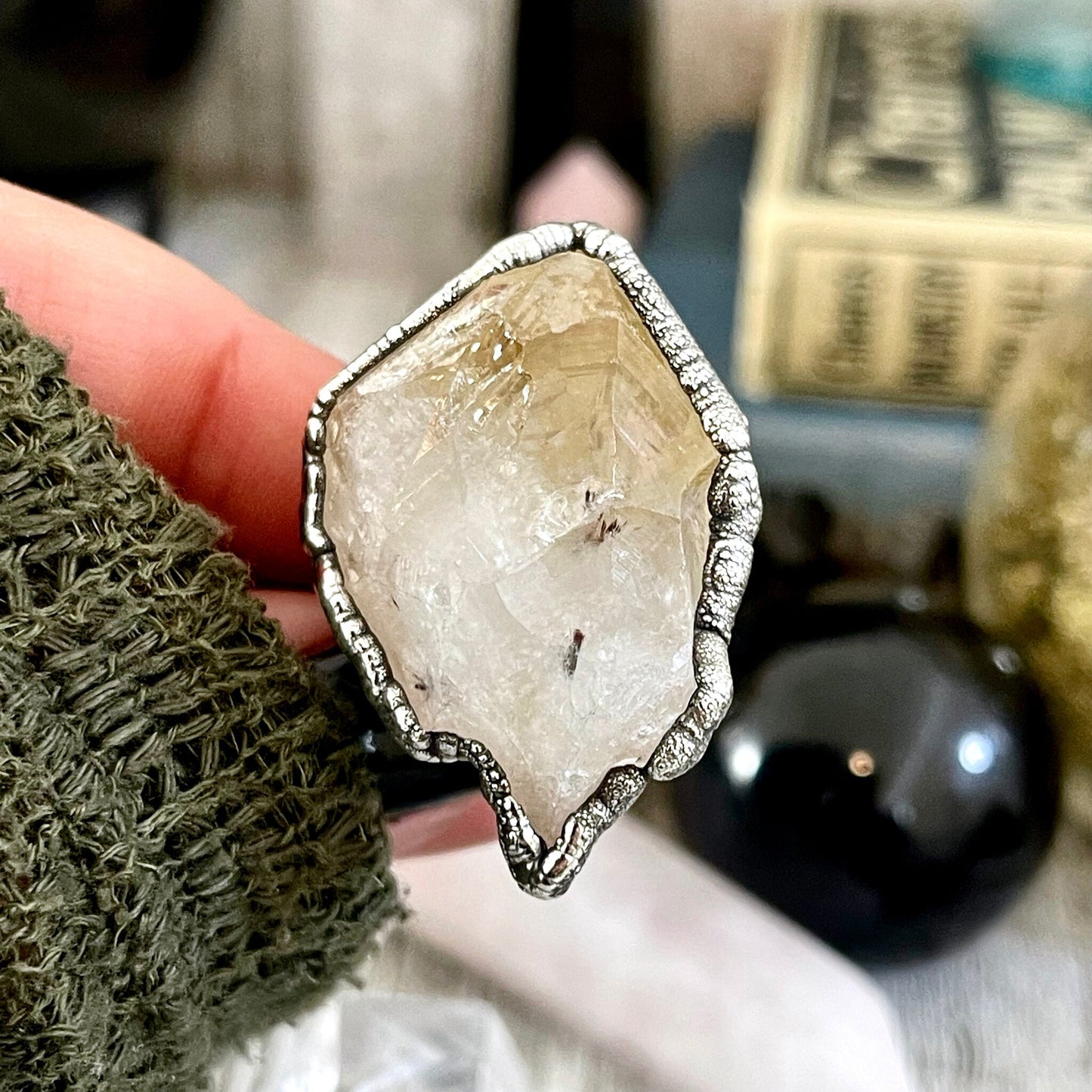 Size 8 Raw Citrine Crystal Point Ring Set in Fine Silver / Foxlark Collection - One of a Kind.