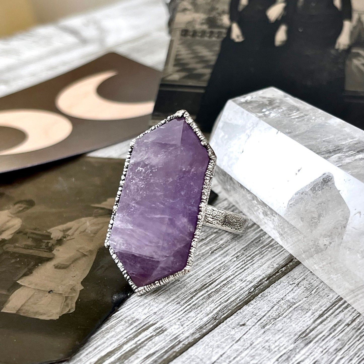 Size 8.5 Amethyst Point Ring Set in Fine Silver / Foxlark Collection - One of a Kind.