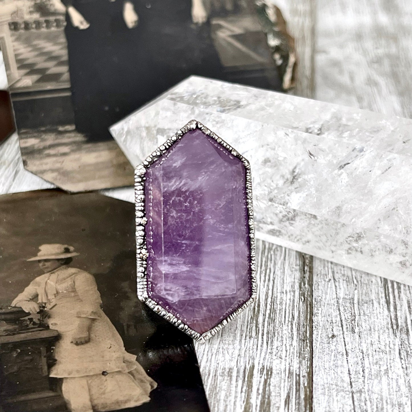 Size 8.5 Amethyst Point Ring Set in Fine Silver / Foxlark Collection - One of a Kind.