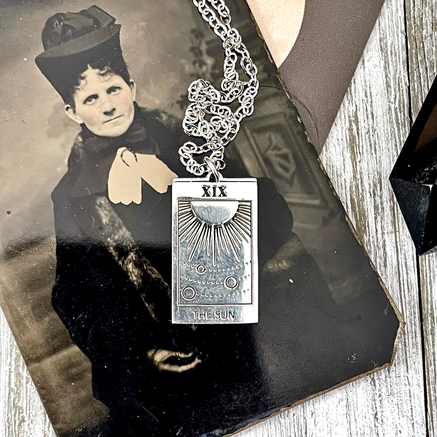 Tiny Talisman Collection - Sterling Silver The Sun Tarot Card Necklace 24x14mm /.