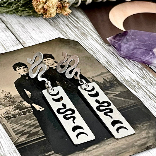 Snake and Moon Phases Stainless Steel Earrings /.