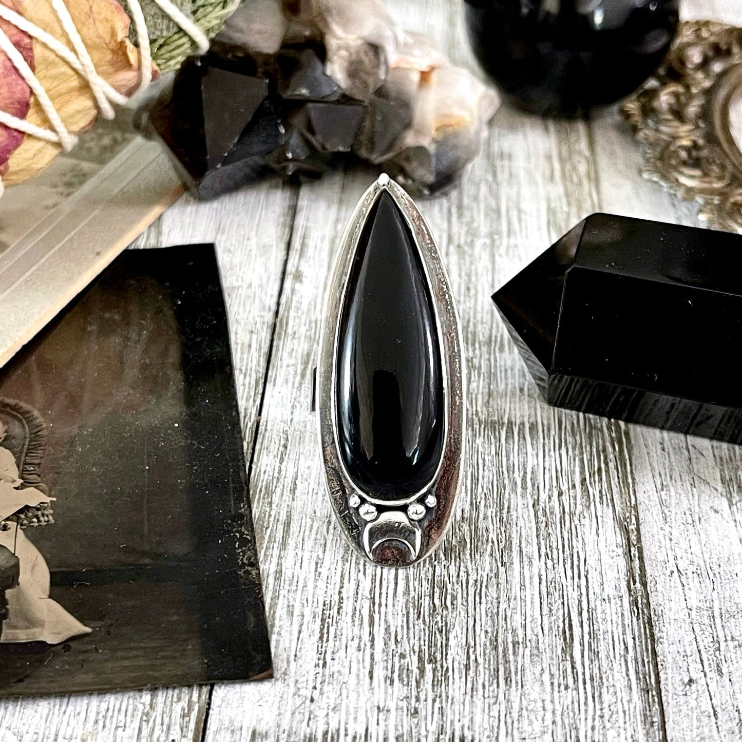 Black Onyx Ring in Sterling Silver, Magic Moon Ring/ Designed by FOXLARK Collection Adjustable to Size 6 7 8 9 10.