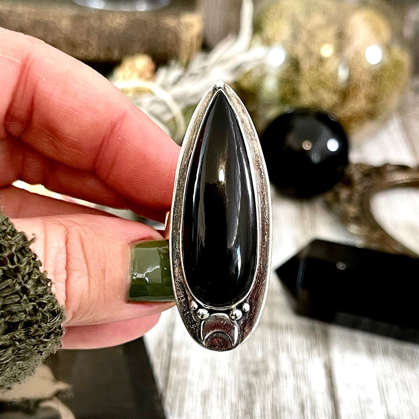 Black Onyx Ring in Sterling Silver, Magic Moon Ring/ Designed by FOXLARK Collection Adjustable to Size 6 7 8 9 10.