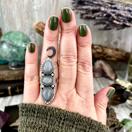 Three Stone Grey Moonstone Ring in Solid Sterling Silver- Designed by FOXLARK Collection Adjustable to Size 6 7 8 9 / Gothic Jewelry.