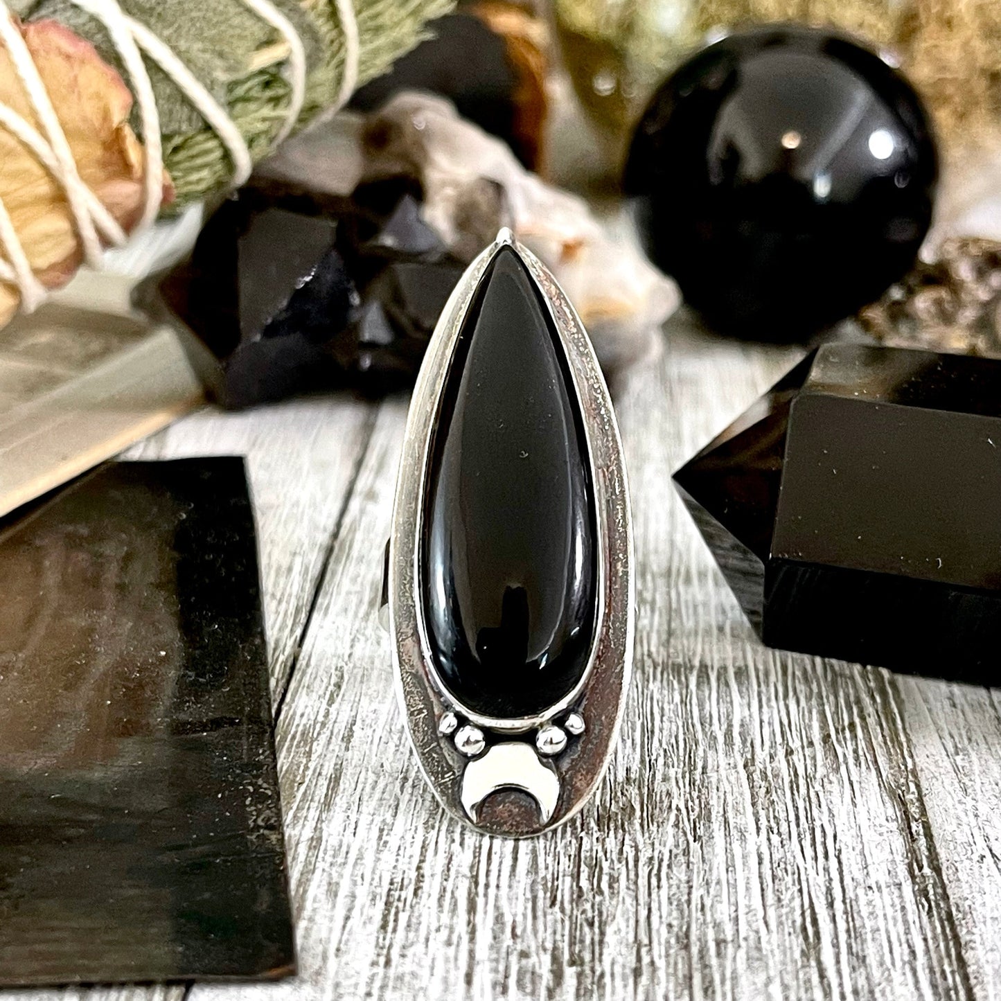 Black Onyx Ring in Sterling Silver, Magic Moon Ring/ Designed by FOXLARK Collection Adjustable to Size 6 7 8 9 10.