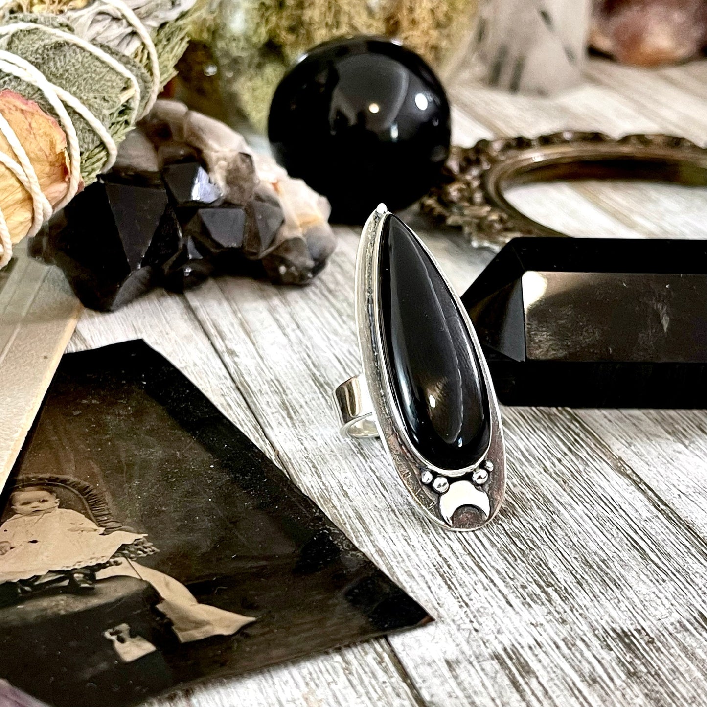 Black Onyx Ring in Sterling Silver, Magic Moon Ring/ Designed by FOXLARK Collection Adjustable to Size 6 7 8 9 10.