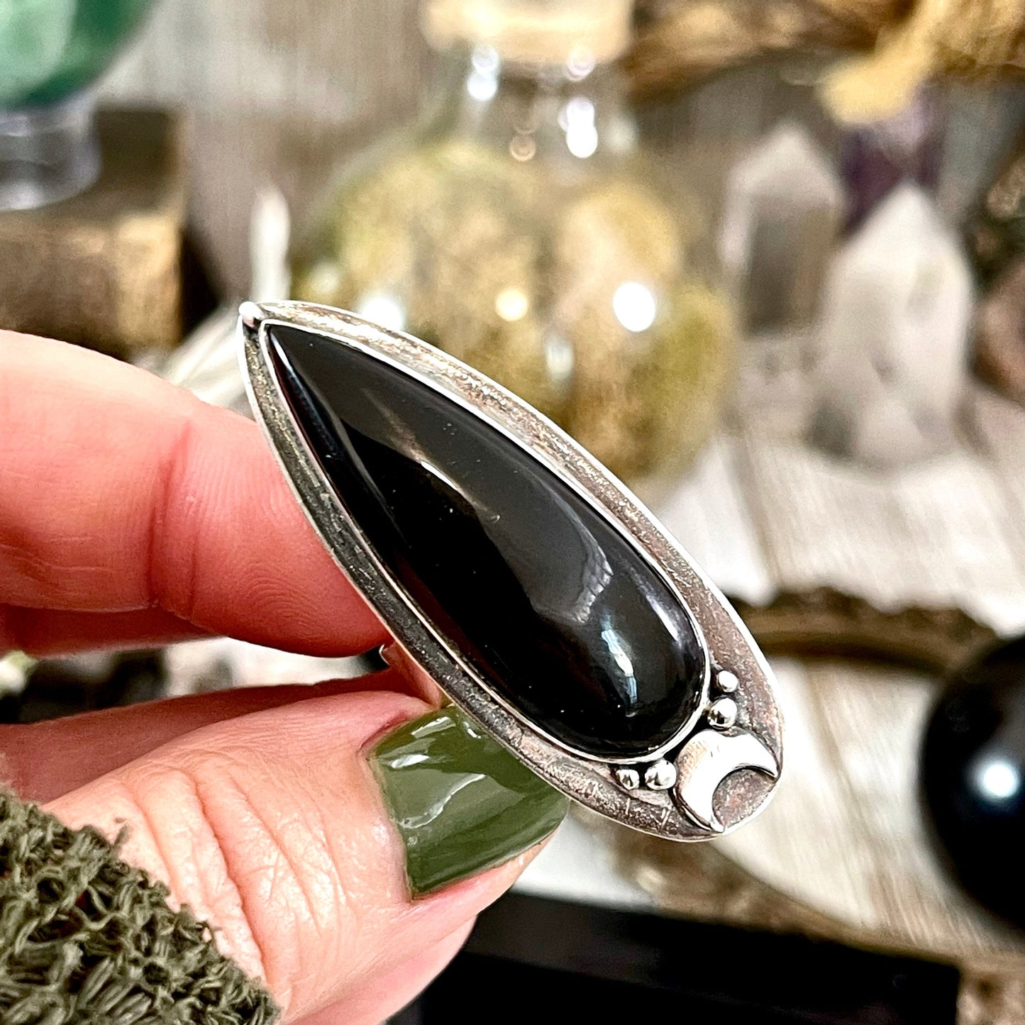 Black Onyx Ring in Sterling Silver, Magic Moon Ring/ Designed by FOXLARK Collection Adjustable to Size 6 7 8 9 10.