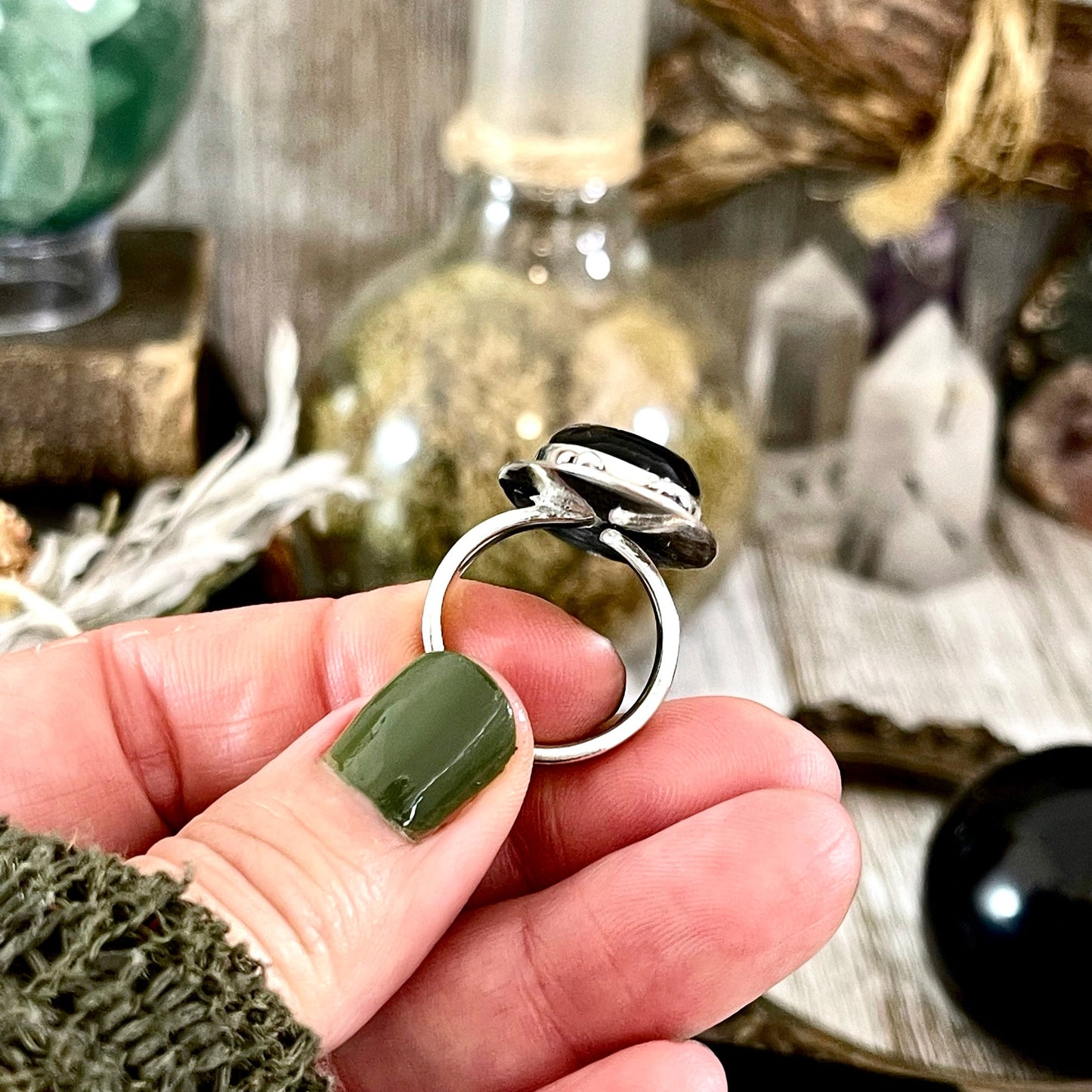 Black Onyx Ring in Sterling Silver, Magic Moon Ring/ Designed by FOXLARK Collection Adjustable to Size 6 7 8 9 10.