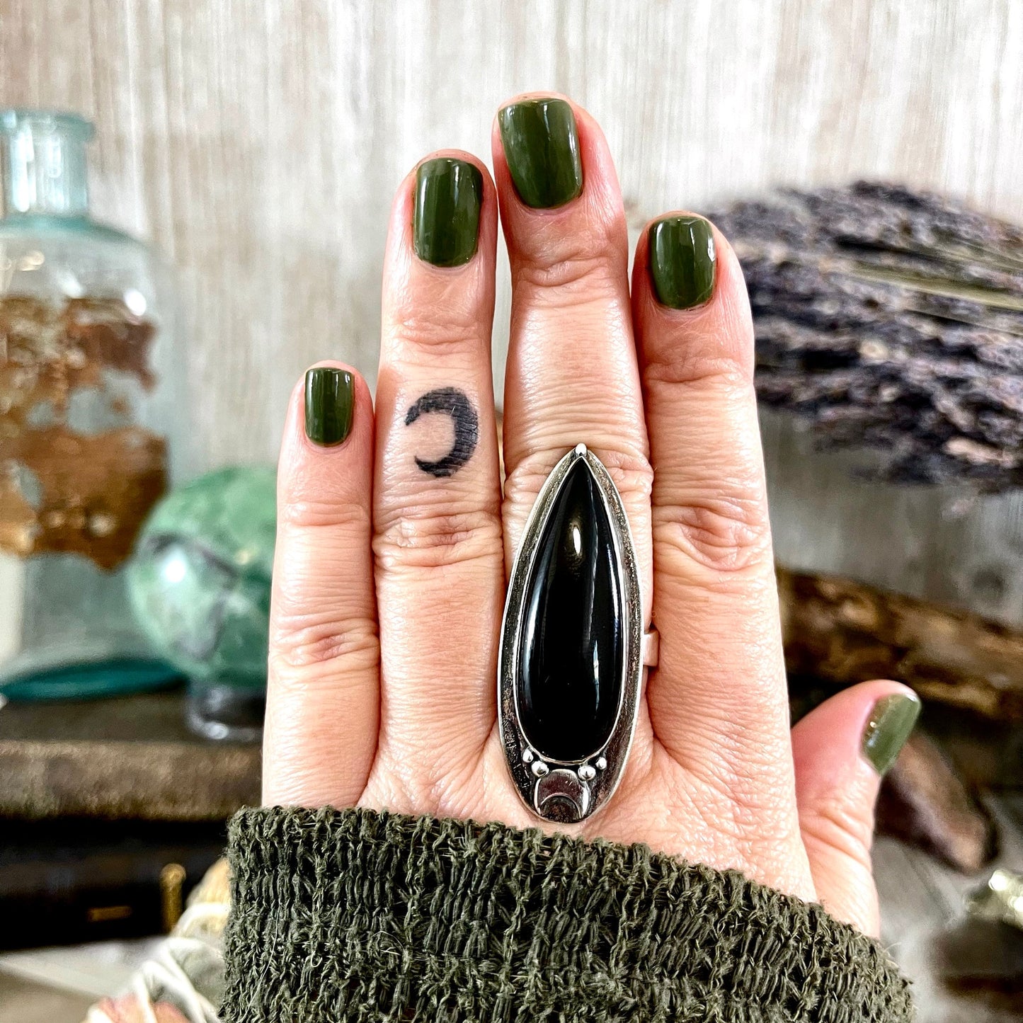 Black Onyx Ring in Sterling Silver, Magic Moon Ring/ Designed by FOXLARK Collection Adjustable to Size 6 7 8 9 10.