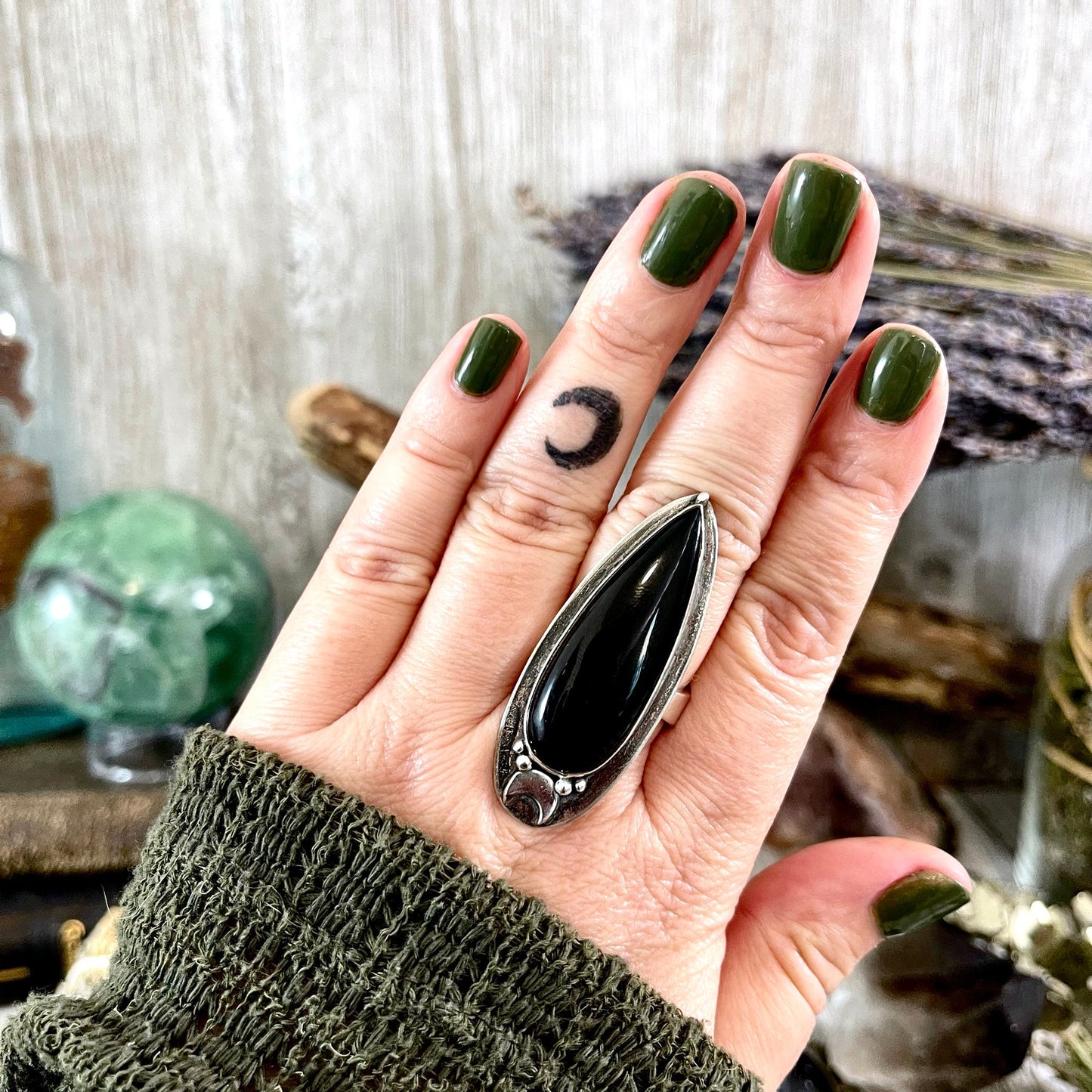 Black Onyx Ring in Sterling Silver, Magic Moon Ring/ Designed by FOXLARK Collection Adjustable to Size 6 7 8 9 10.