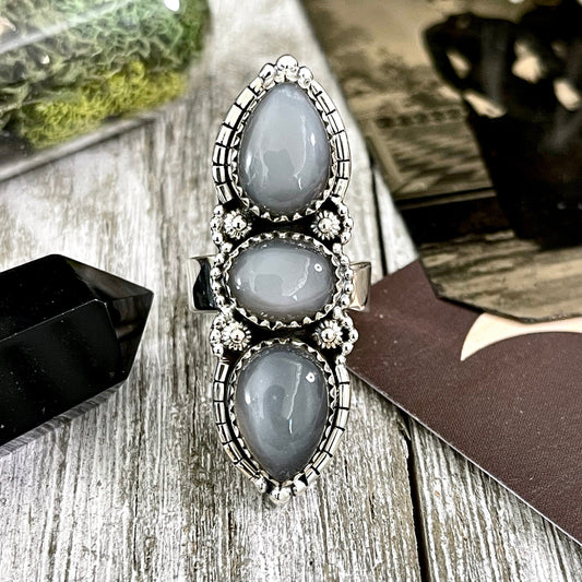 Three Stone Grey Moonstone Ring in Solid Sterling Silver- Designed by FOXLARK Collection Adjustable to Size 6 7 8 9 / Gothic Jewelry.