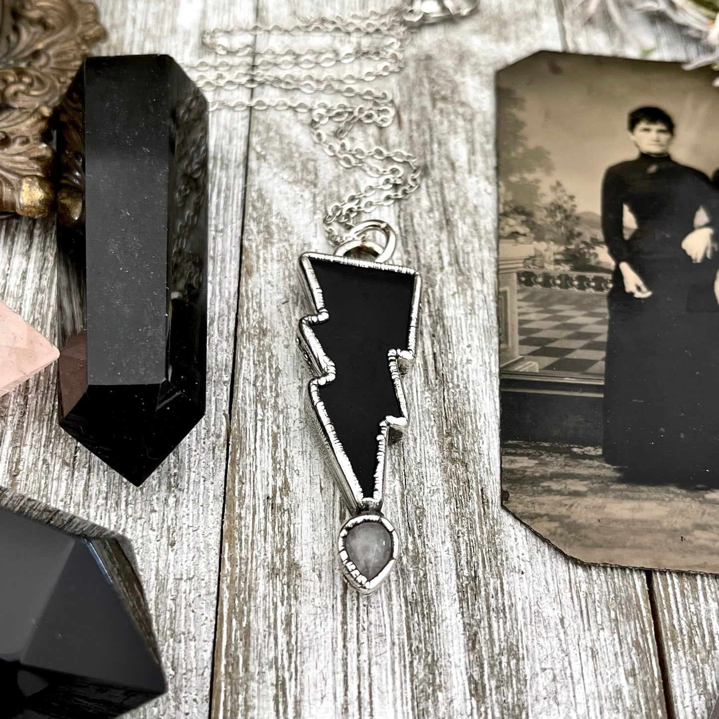 Black Onyx, Black Onyx Necklace, Bohemian Jewelry, Clear Quartz, clear quartz jewelry, Crystal Jewelry, Crystal Necklace, Crystal Necklaces, Etsy ID: 1616065770, FOXLARK- NECKLACES, Gothic Jewelry, Gothic Necklace, Gothic Pendent, Jewelry, Lightning Bolt,