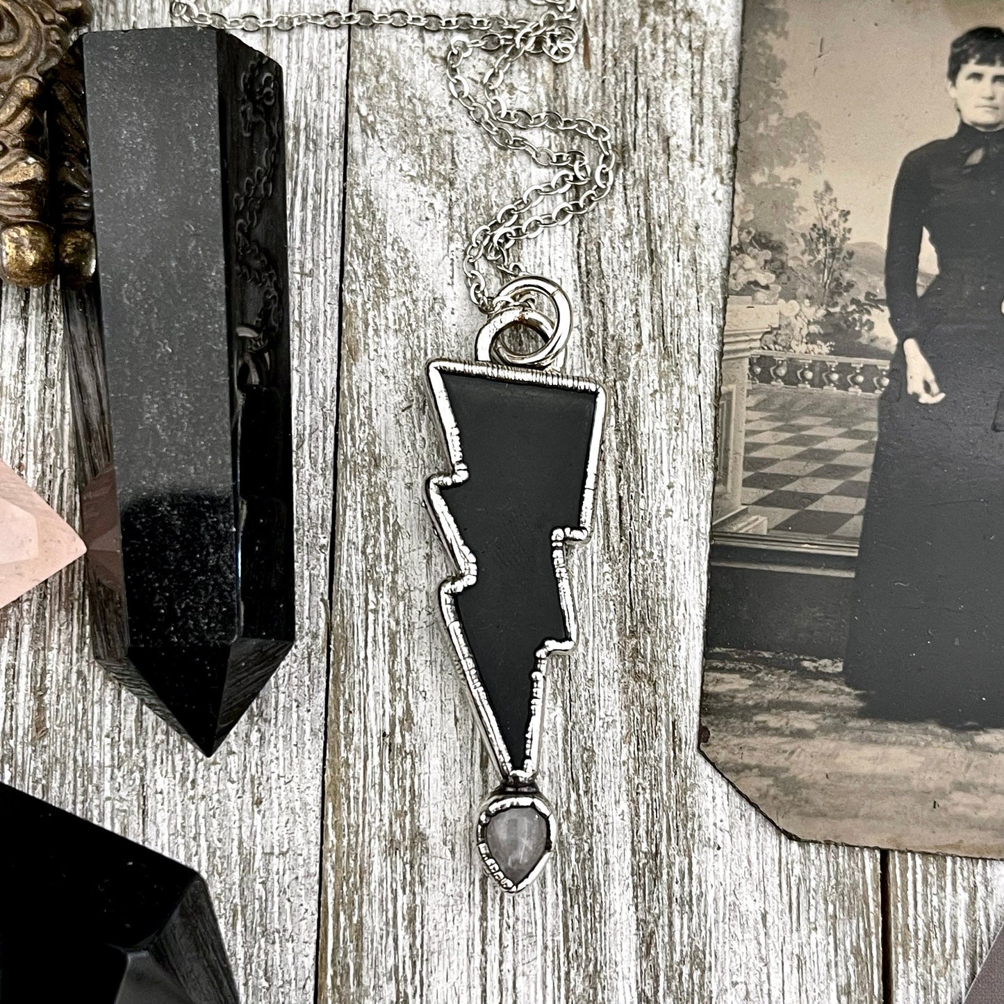 Black Onyx, Black Onyx Necklace, Bohemian Jewelry, Clear Quartz, clear quartz jewelry, Crystal Jewelry, Crystal Necklace, Crystal Necklaces, Etsy ID: 1616065770, FOXLARK- NECKLACES, Gothic Jewelry, Gothic Necklace, Gothic Pendent, Jewelry, Lightning Bolt,