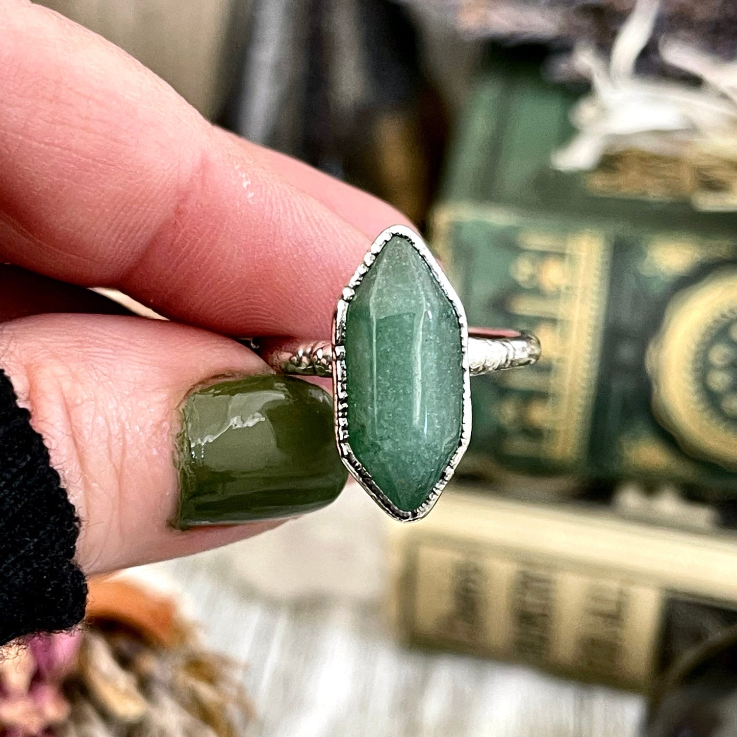 Green Aventurine Point Ring Fine Silver Size 7 8 9 10 Foxlark Collection /