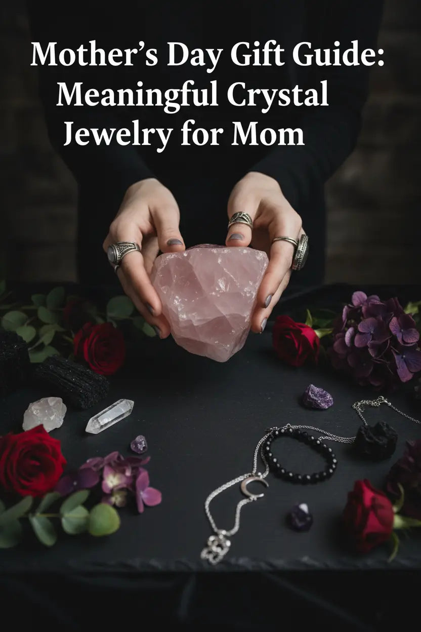 Mother's Day crystal jewelry gift guide featuring amethyst, rose quartz, and citrine pieces from Foxlark