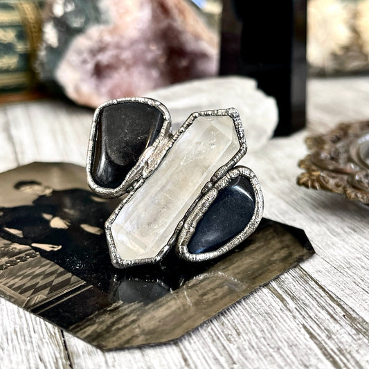 Size 8 Crystal Ring - Three Stone Ring Black Onyx Clear Quartz Ring Silver / Foxlark Collection - One of a Kind