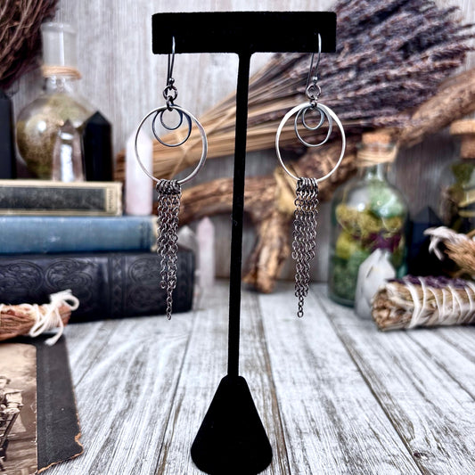Sterling Silver Gunmetal Hoop Fringe Earrings / Long Dangle Witchy Earrings