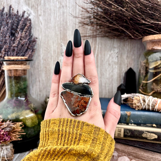 Fossilized Wood Blue Tigers Eye Citrine Ring Set in Fine Silver Size 8.5 / Foxlark Collection - One of a Kind