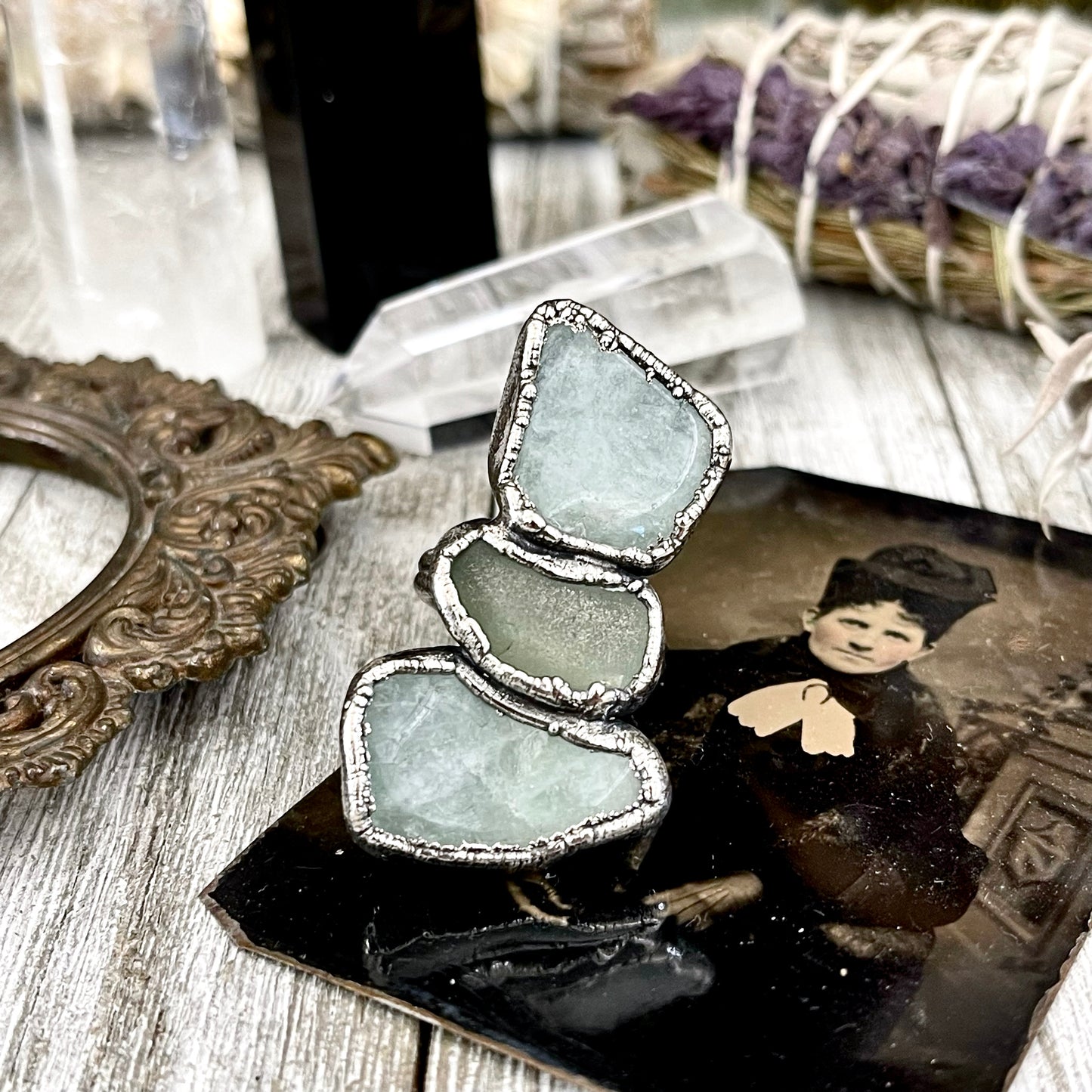 Size 9 Three Stone Ring- Aquamarine and Sea Glass Crystal Ring Fine Silver / Foxlark Collection - One of a Kind