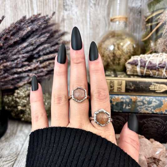 Peach Moonstone Ring Fine Silver Small Faceted Stone Ring Size 5 6 7 8 9 10 11 / Foxlark Collection