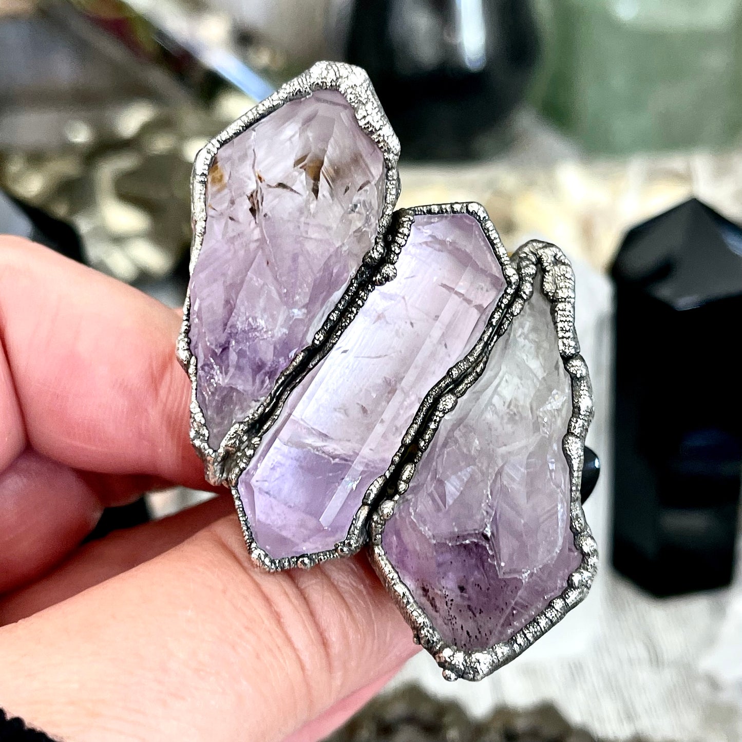 Size 9 Crystal Ring - Three Stone Ring Purple Amethyst Ring Silver / Foxlark Collection - One of a Kind