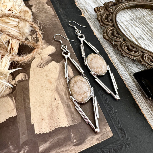 Fossilized Coral Fine Silver Crystal Earrings / Long Dangle Witchy Earrings