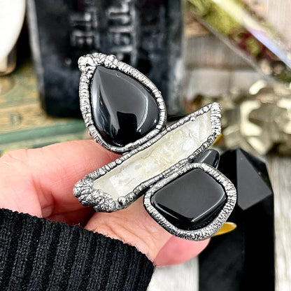 Size 7.5 Crystal Ring - Three Stone Ring Black Onyx Raw Clear Quartz Ring Silver / Foxlark Collection - One of a Kind