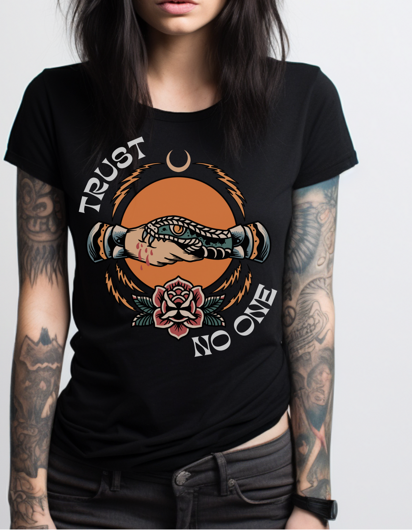 Trust No One Snake Bite Tattoo T-shirt / Unisex Vintage American Old School Traditional Tattoo Flash Tee Shirt / Punk Rock Clothing Tshirt - Foxlark Crystal Jewelry