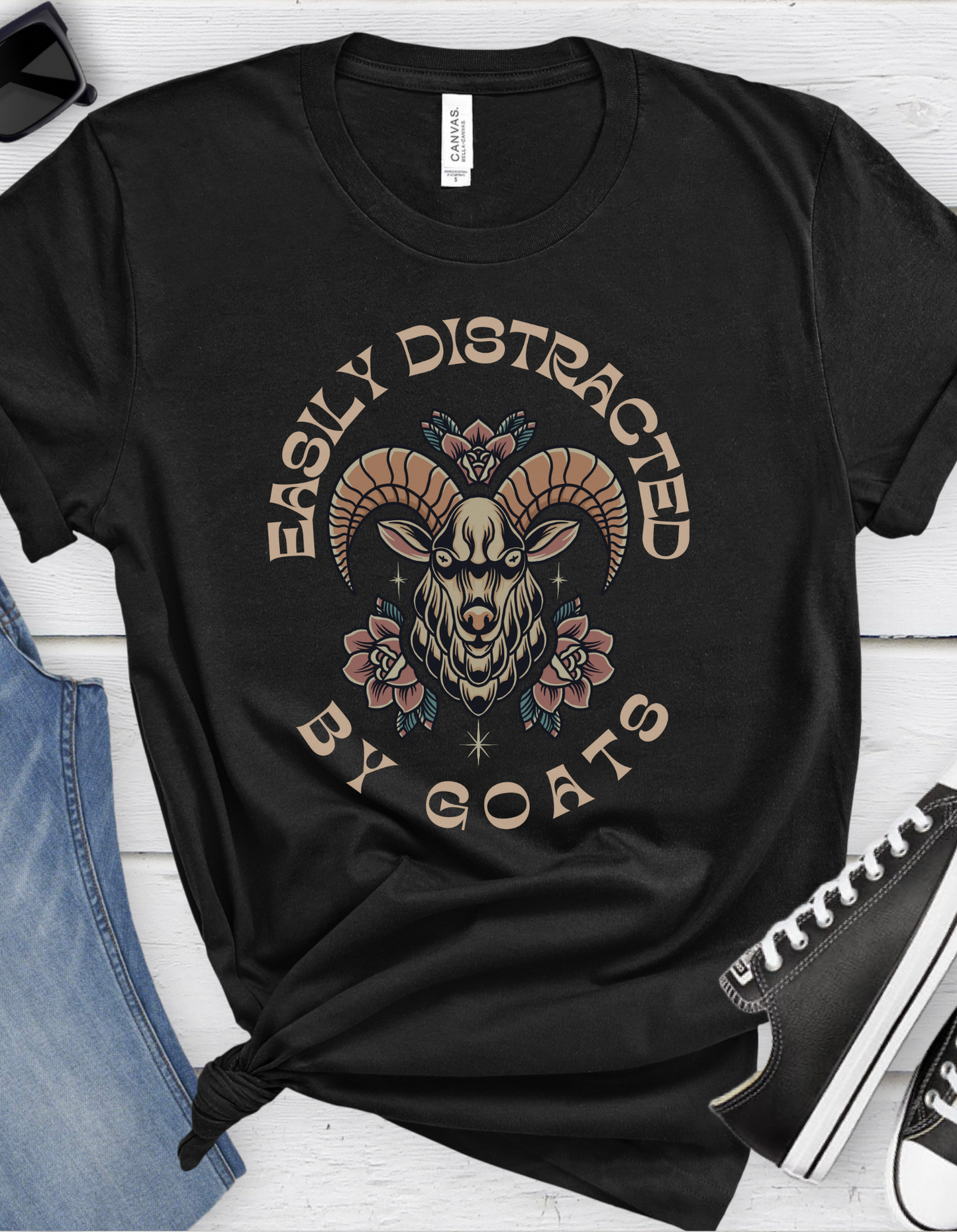 Easily Distracted By Goats Tattoo T-shirt / Traditional Tattoo Tee Shirt / Punk Rock Clothing Tshirt Rockabilly Psychobilly Freak Goth - Foxlark Crystal Jewelry