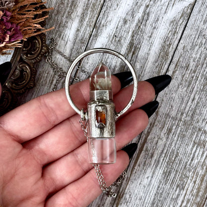 Garden Quartz and Orange Kyanite Crystal Necklace / Silver Rollerball Necklace