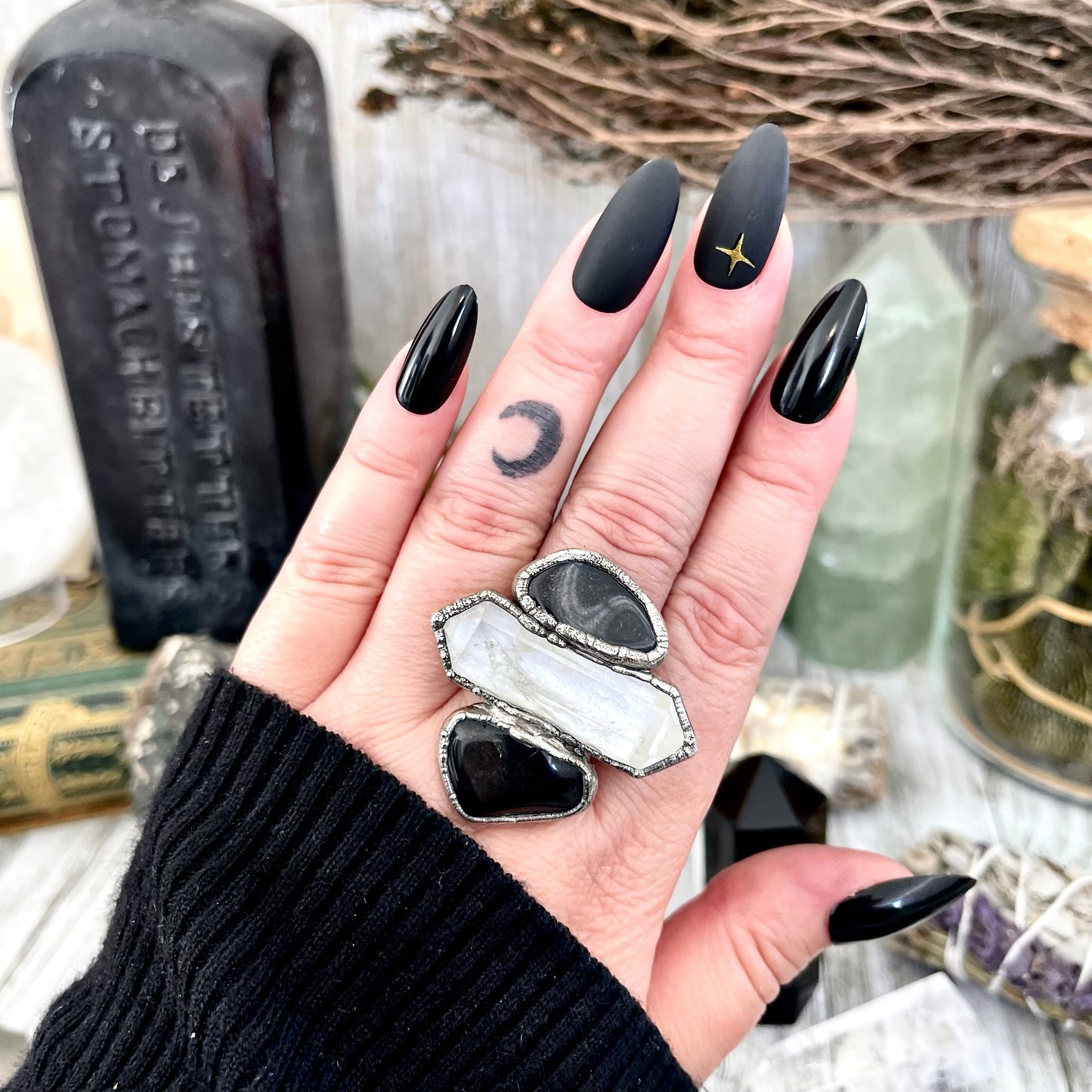 Size 8 Crystal Ring - Three Stone Ring Black Onyx Clear Quartz Ring Silver / Foxlark Collection - One of a Kind
