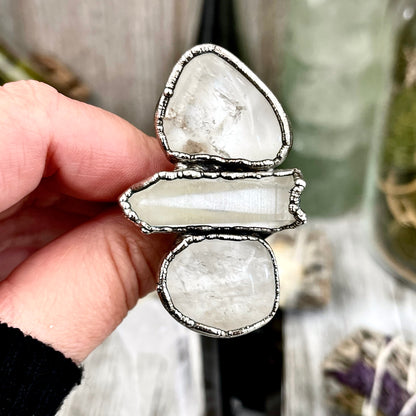Size 7 Crystal Ring - Three Stone Clear Quartz Ring in Silver / Foxlark Collection - One of a Kind