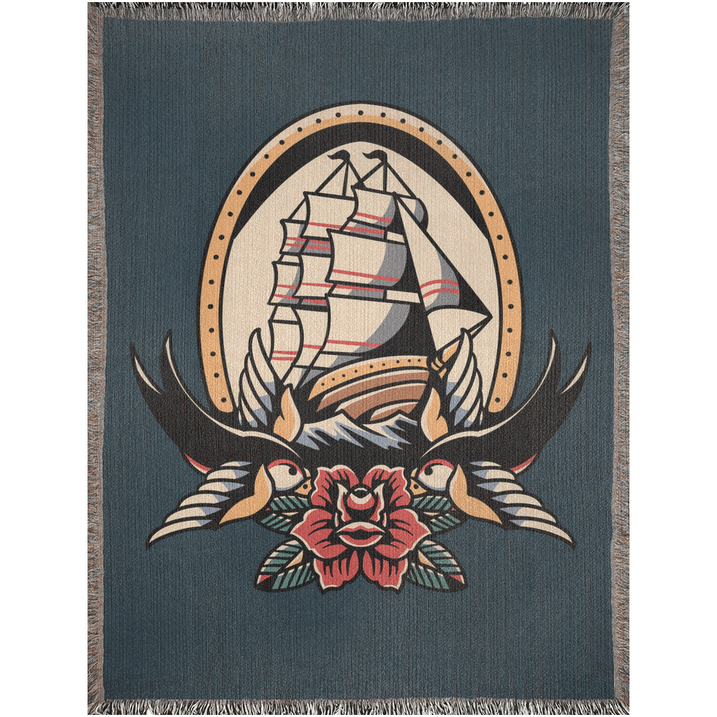 Pirate Ship Traditional Tattoo Style Woven Blanket - Foxlark Crystal Jewelry