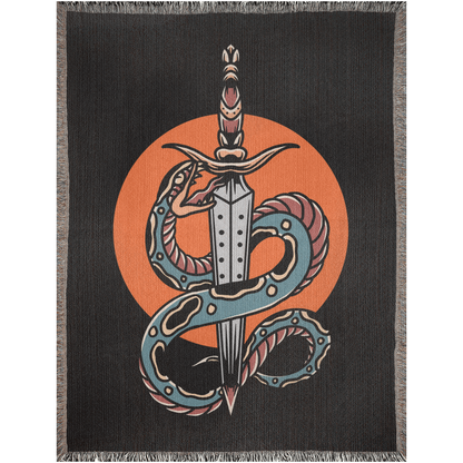 Snake and Sword Traditional Tattoo Style Woven Blanket