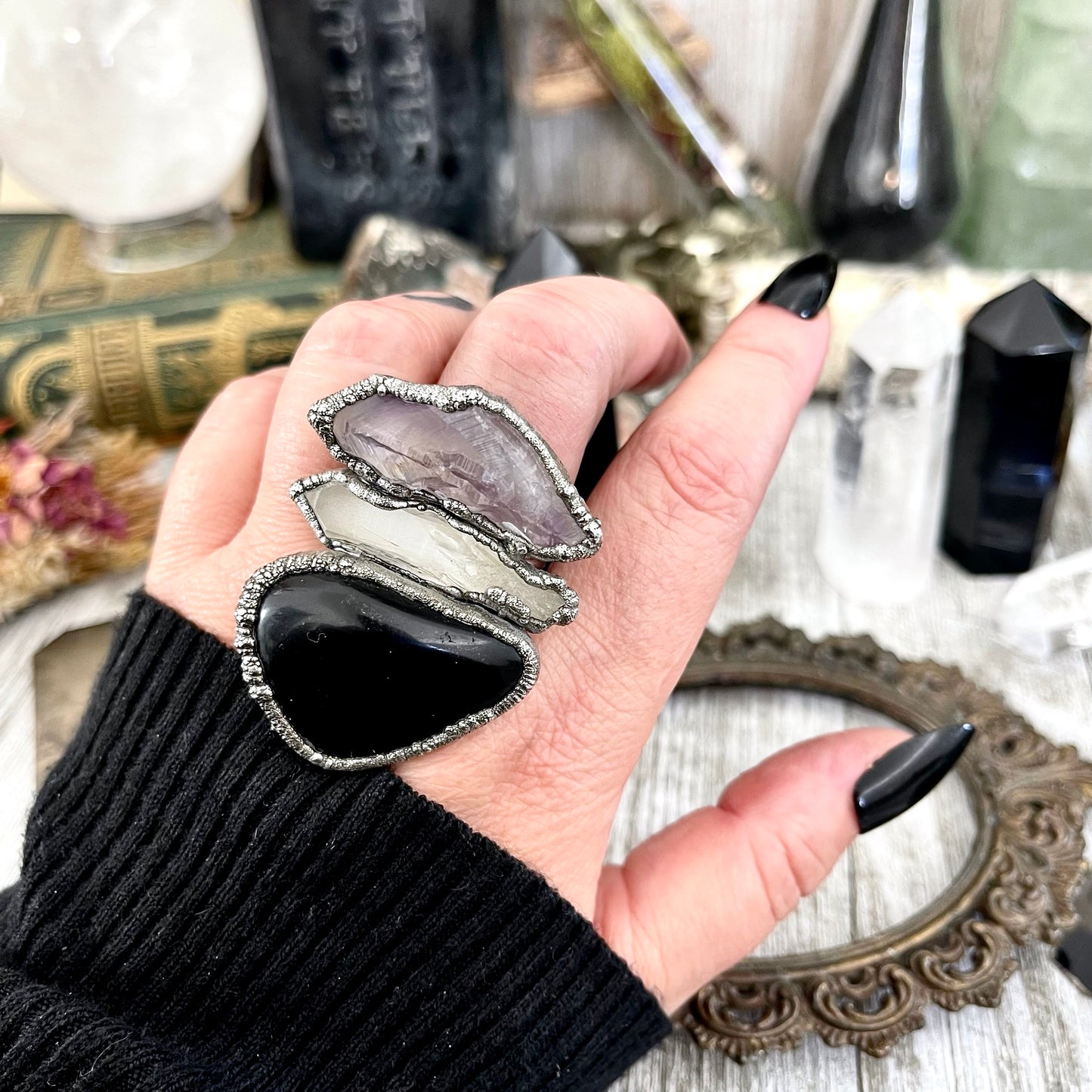 Size 9 Crystal Ring - Three Stone Black Onyx Clear Quartz Amethyst Ring in Silver / Foxlark Collection - One of a Kind