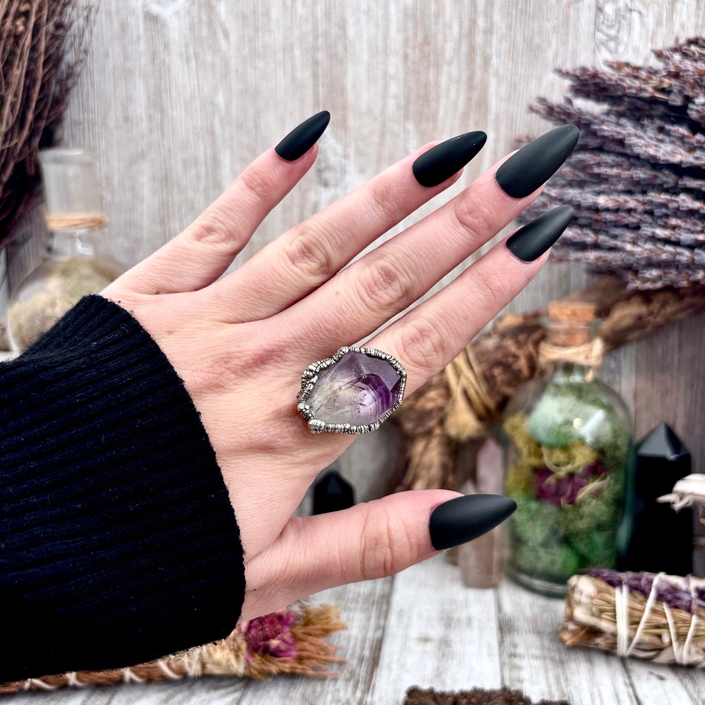 Raw Amethyst Crystal  Ring Set in Fine Silver Size 7 / Foxlark Collection - One of a Kind
