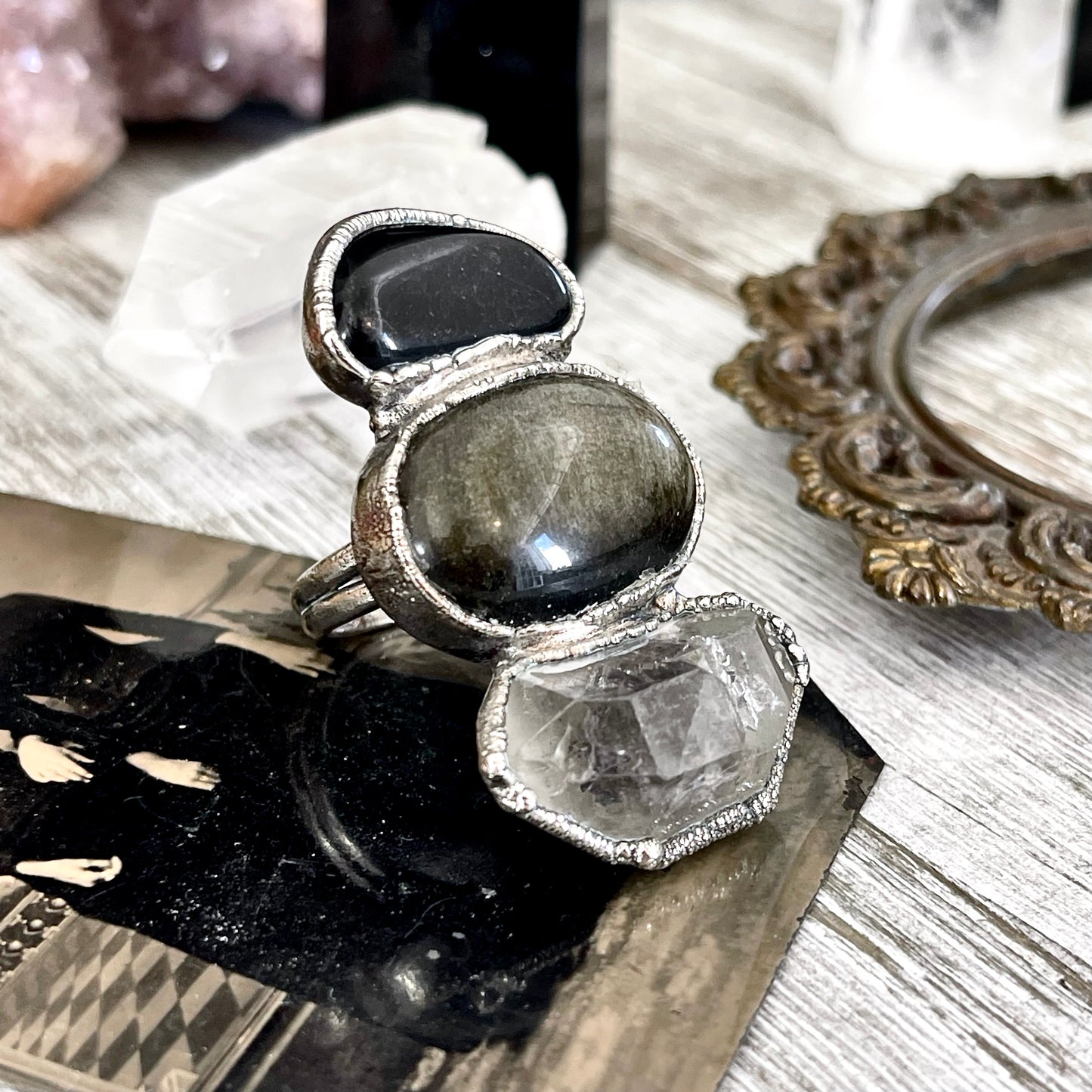 Size 9.5 Crystal Ring - Three Stone Ring Black Onyx Raw Included Quartz Golden Sheen Obsidian Ring Silver / Foxlark Collection - One of a Kind