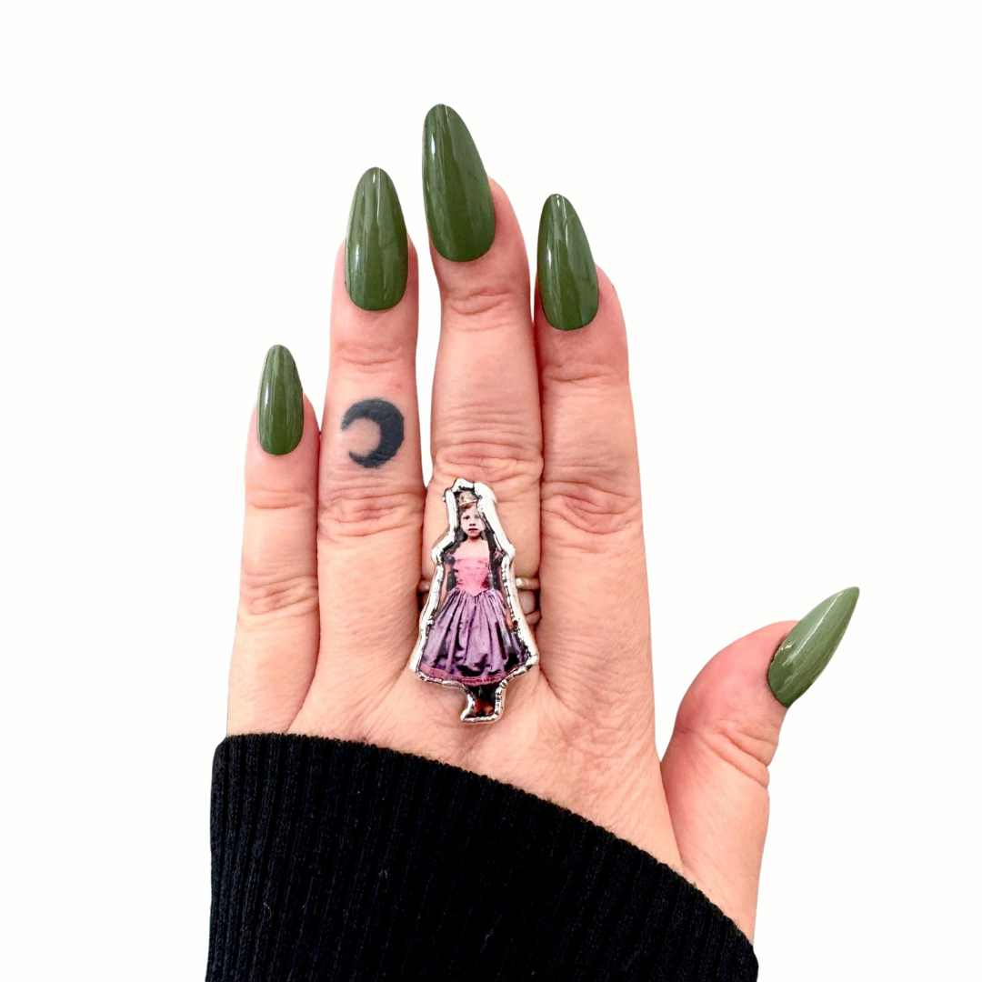 party girl doll statement ring, fine silver, size 9