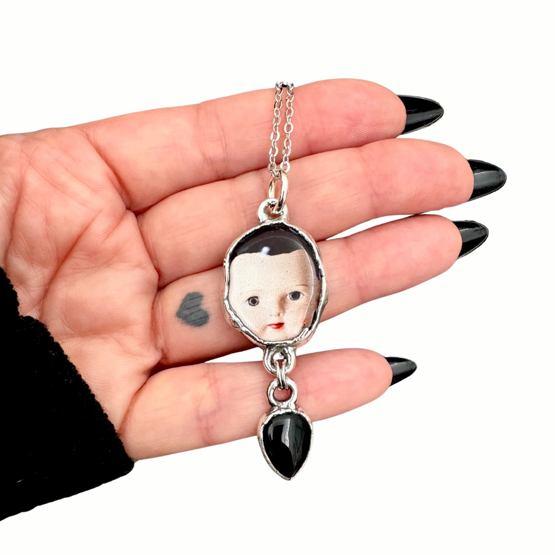 doll head necklace, obsidian, fine silver