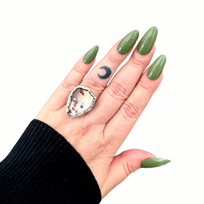 doll head statement ring, fine silver, size 8